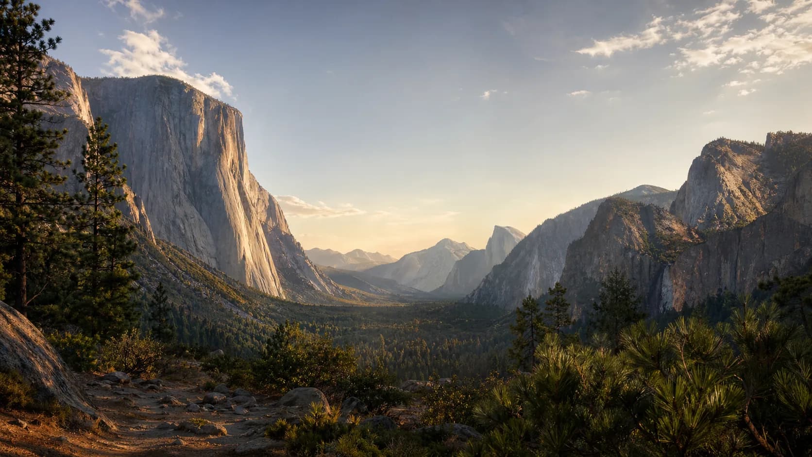 Golden light across a mountain valley